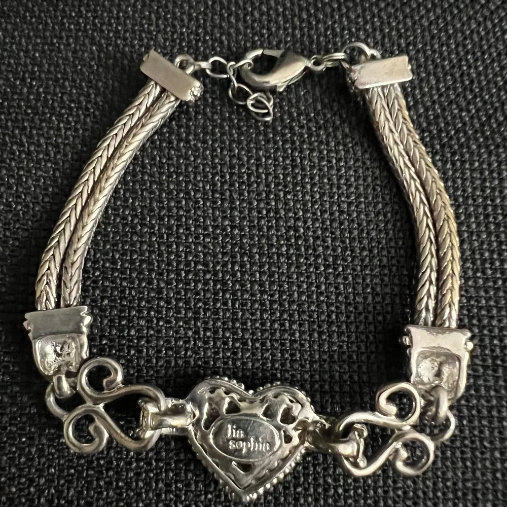 Lia Sophia Silver Tone Rhinestone Filigree Heart Bracelet 7.5-9 In Whimsigoth